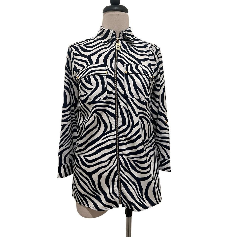 Michael Kors Women's Zebra Print Roll Tab Sleeve Full Zip Blouse Navy White XS